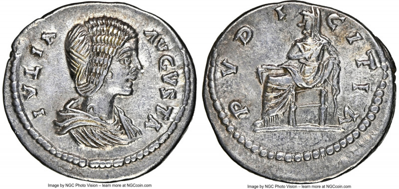 Julia Domna (AD 193-217). AR denarius (19mm, 3.34 gm, 11h). NGC AU 5/5 - 4/5. La...