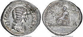 Julia Domna (AD 193-217). AR denarius (20mm, 3.21 gm, 7h). NGC Choice AU 4/5 - 4/5. Rome, AD 211-217. IVLIA PIA-FELIX AVG, draped bust of Julia Domna ...