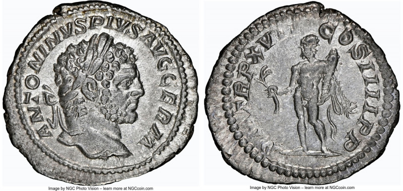 Caracalla, as Augustus (AD 198-217). AR denarius (20mm, 2.92 gm, 1h). NGC AU 5/5...