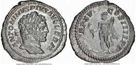 Caracalla, as Augustus (AD 198-217). AR denarius (20mm, 2.92 gm, 1h). NGC AU 5/5 - 4/5. Rome, AD 214. ANTONINVS PIVS AVG GERM, laureate head of Caraca...