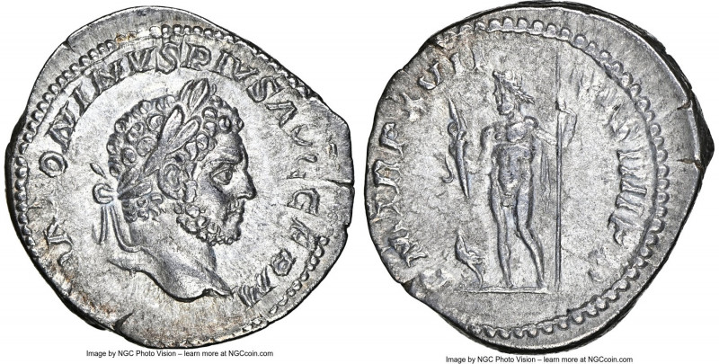 Caracalla, as Augustus (AD 198-217). AR denarius (19mm, 3.15 gm, 7h). NGC Choice...