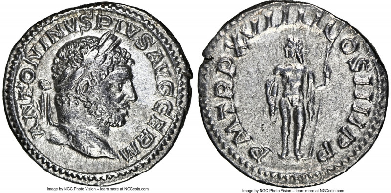 Caracalla, as Augustus (AD 198-217). AR denarius (19mm, 2.67 gm, 11h). NGC Choic...