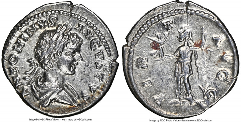 Caracalla, as Augustus (AD 198-217). AR denarius (20mm, 3.25 gm, 11h). NGC Choic...