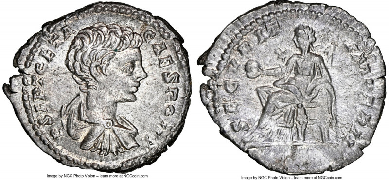 Geta, as Caesar (AD 209-211). AR denarius (19mm, 2.91 gm, 5h). NGC Choice AU 5/5...