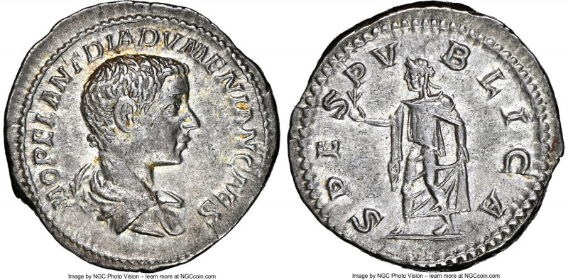 Diadumenian, as Caesar (AD 218). AR denarius (19mm, 3.29 gm, 1h). NGC Choice XF ...