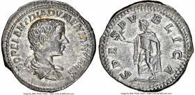 Diadumenian, as Caesar (AD 218). AR denarius (19mm, 3.29 gm, 1h). NGC Choice XF 5/5 - 5/5. Rome, AD 218. M OPEL ANT DIADVMENIAN CAES, bare headed, dra...