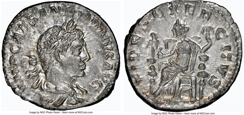 Elagabalus (AD 218-222). AR denarius (19mm, 3.65 gm, 7h). NGC Choice AU 5/5 - 4/...
