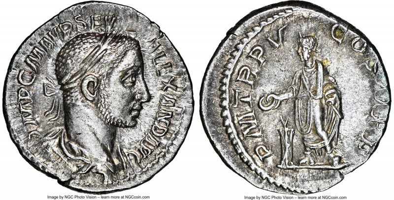 Severus Alexander (AD 222-235). AR denarius (19mm, 3.33 gm, 12h). NGC Choice AU ...