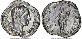 Severus Alexander (AD 222-235). AR denarius (19mm, 3.27 gm, 12h). NGC Choice AU 5/5 - 4/5. Rome, AD 222-228. IMP C M AVR SEV-ALEXAND AVG, laureate, dr...