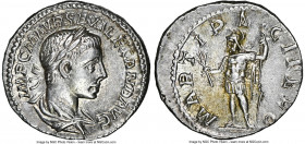 Severus Alexander (AD 222-235). AR denarius (19mm, 3.14 gm, 6h). NGC Choice AU 5/5 - 4/5. Rome, AD 222-228. IMP C M AVR SEV ALEXAND AVG, laureate, dra...