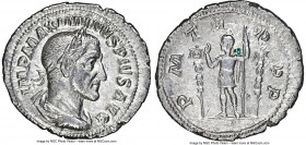Maximinus I (AD 235-238). AR denarius (21mm, 2.74 gm, 6h). NGC Choice AU 4/5 - 4/5. Rome, AD 235. IMP MAXIMINVS PIVS AVG, laureate, draped, and cuiras...