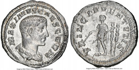 Maximus (AD 235/6-238). AR denarius (20mm, 3.79 gm, 6h). NGC AU 4/5 - 3/5. Rome, AD 236-238. MAXIMVS CAES GERM, bare headed, draped bust of Maximus ri...