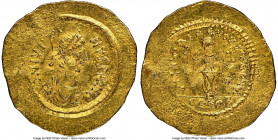 Justin I (AD 518-527). AV tremissis (18mm, 1.48 gm, 6h). NGC AU 5/5 - 2/5, wrinkled. Constantinople. D N IVSTI-NVS PP AVG, pearl-diademed, draped, and...