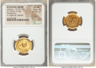 Justinian I the Great (AD 527-565). AV solidus (21mm, 4.35 gm, 6h). NGC Choice AU 5/5 - 2/5, graffito, clipped. Thessalonica, ca. AD 538-545. D N IVST...
