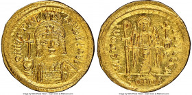 Justinian I the Great (AD 527-565). AV solidus (20mm, 4.37 gm, 6h). NGC Choice AU 5/5 - 3/5, clipped. Constantinople, 1st officina, ca. AD 545-565. D ...