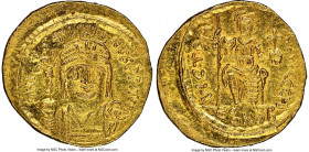 Justin II (AD 565-578). AV solidus (19mm, 4.51 gm, 6h). NGC MS 4/5 - 4/5. Constantinople, 8th officina. D N I-VSTI-NVS PP AVG, cuirassed bust of Justi...