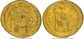 Justin II (AD 565-578). AV solidus (20mm, 4.52 gm, 6h). NGC Choice AU 5/5 - 3/5, crimped, light graffito. Constantinople, 9th officina. D N I-VSTI-NVS...