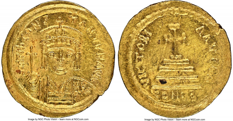 Tiberius II Constantine (AD 578-582). AV solidus (21mm, 4.46 gm, 6h). NGC MS 4/5...