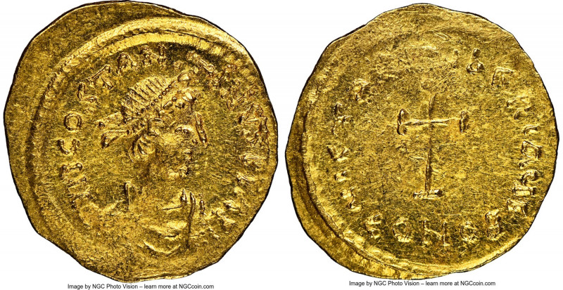Tiberius II Constantine (AD 578-582). AV tremissis (16mm, 1.48 gm, 6h). NGC MS 4...