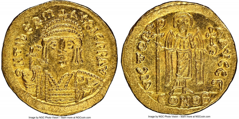 Maurice Tiberius (AD 582-602). AV solidus (21mm, 4.50 gm, 7h). NGC MS 5/5 - 4/5....