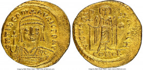 Maurice Tiberius (AD 582-602). AV solidus (22mm, 4.44 gm, 6h). NGC AU 4/5 - 2/5, wrinkled. Constantinople, 8th officina. o N TIbER m-AVRC PP AV, cuira...