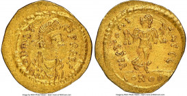 Maurice Tiberius (AD 582-602). AV semissis (19mm, 2.14 gm, 7h). NGC MS 4/5 - 2/5, wrinkled, clipped. Constantinople. D N MAV-RI PP AVG, pearl-diademed...