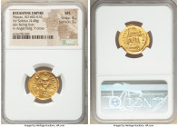 Phocas (AD 602-610). AV solidus (21mm, 4.48 gm, 6h). NGC MS 4/5 - 3/5. Constantinople, 10th officina, AD 607-609. d N FOCAS-PЄRP AVG, crowned, draped,...
