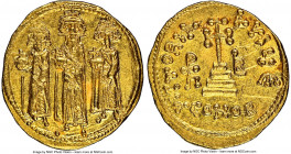 Heraclius (AD 610-641), with Heraclius Constantine and Heraclonas. AV solidus (20mm, 4.44 gm, 6h). NGC Choice AU 5/5 - 2/5, graffiti. Constantinople, ...