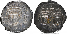 Heraclius (AD 610-641), with Martina and Heraclius Constantine. AR half-siliqua (13mm, 0.67 gm, 5h). NGC Choice XF 4/5 - 4/5. Carthage, AD 614-641. D ...