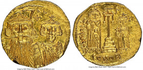 Constans II Pogonatus (AD 641-668), with Constantine IV, Heraclius, and Tiberius. AV solidus (20mm, 4.43 gm, 7h). NGC MS 4/5 - 3/5, scuff, clipped. Co...