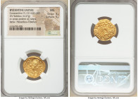 Constantine IV Pogonatus (AD 668-685), with Heraclius and Tiberius. AV solidus (19mm, 4.47 gm, 6h). NGC MS 3/5 - 5/5. Constantinople, 2nd officina, AD...