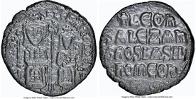 Leo VI the Wise (AD 886-912), and Alexander. AE follis (26mm, 8.69 gm, 5h). NGC AU 5/5 - 3/5. Constantinople. + LЄOh S ALЄΞAhGROS, Leo VI (on left) an...