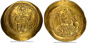Constantine IX Monomachus (AD 1042-1055). AV histamenon nomisma (29mm, 4.37 gm, 4h). NGC Choice AU 5/5 - 4/5. Constantinople. + IhS XIS RЄX-RЄGNANTIhm...