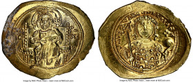Michael VII Ducas (AD 1071-1078). AV/EL histamenon nomisma scyphate (28mm, 4.45 gm, 6h). NGC MS 3/5 - 2/5. Constantinople. Christ seated facing on str...
