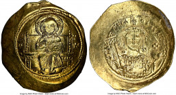Michael VII Ducas (AD 1071-1078). AV/EL histamenon nomisma scyphate (28mm, 4.43 gm, 6h). NGC Choice AU 4/5 - 3/5, edge crimp. Constantinople. Christ s...