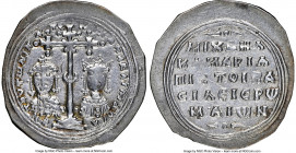Michael VII Ducas (AD 1071-1078), and Maria. AR miliaresion (24mm, 2.21 gm, 11h). NGC Choice VF 4/5 - 3/5, clipped. Constantinople. ЄN-TOVTw NIK-A-TЄ-...