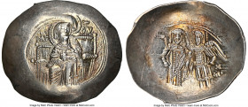 Isaac II Angelus (AD 1185-1195). EL aspron trachy (30mm, 3.89 gm, 6h). NGC MS 4/5 - 4/5, scratch. Constantinople. Virgin, nimbate, enthroned facing, h...