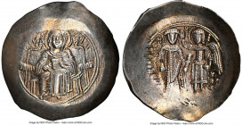 Isaac II Angelus (AD 1185-1195). EL aspron trachy (29mm, 4.13 gm, 6h). NGC MS 4/5 - 4/5, edge crimp, marks. Constantinople. Virgin, nimbate, enthroned...
