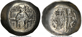 Isaac II Angelus (AD 1185-1195). EL aspron trachy (29mm, 3.92 gm, 5h). NGC Choice AU 4/5 - 4/5. Constantinople. Virgin, nimbate, enthroned facing, hol...