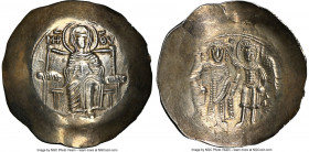 Isaac II Angelus (AD 1185-1195). EL aspron trachy (29mm, 4.26 gm, 6h). NGC Choice AU 4/5 - 4/5. Constantinople. Virgin, nimbate, enthroned facing, hol...