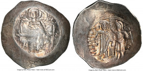 Isaac II Angelus (AD 1185-1195). EL aspron trachy (30mm, 4.58 gm, 6h). NGC Choice AU 4/5 - 4/5. Constantinople. Virgin, nimbate, enthroned facing, hol...