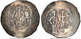 Isaac II Angelus (AD 1185-1195). EL aspron trachy (28mm, 3.82 gm, 6h). NGC Choice AU 4/5 - 4/5, edge crimp. Constantinople. Virgin, nimbate, enthroned...