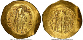 Alexius III Angelus-Comnenus (AD 1195-1203). AV hyperpyron (27mm, 4.44 gm, 6h). NGC MS 4/5 - 4/5, edge crimp. Constantinople. + KЄ RO-HΘЄI, Christ sta...