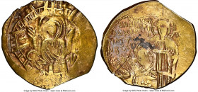 Andronicus II Palaeologus (AD 1282-1328). AV/EL hyperpyron (24mm, 4.10 gm, 6h). NGC Choice XF 3/5 - 3/5. Constantinople, AD 1282-1295. Nimbate, draped...