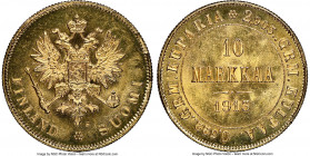 Russian Duchy. Nicholas II gold 10 Markkaa 1913-S MS65 NGC, Helsinki mint, KM8.2. A soundly struck jewel featuring multipoint gold foil reverse luster...