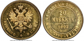 Russian Duchy. Nicholas II gold 20 Markkaa 1903-L MS65 NGC, Helsinki mint, KM9.2. An attractively mirrored example revealing brightly shimmering sun-g...
