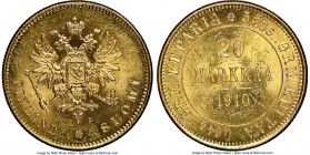 Russian Duchy. Nicholas II gold 20 Markkaa 1910-L MS63 NGC, Helsinki mint, KM9.2. Seemingly at the cusp of higher certification owing to a paucity of ...