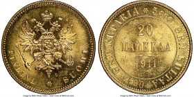 Russian Duchy. Nicholas II gold 20 Markkaa 1911-L MS64+ NGC, Helsinki mint, KM9.2. A superb example embellished by voluminous flashy luster bearing tr...