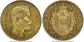 Napoleon III gold 50 Francs 1858-A MS60 NGC, Paris mint, KM785.1. Mintage: 85,000. A wonderful decidedly Mint State offering, the central portrait of ...