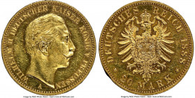 Prussia. Wilhelm II gold Proof 20 Mark 1888-A PR58 NGC, Berlin mint, KM516, J-250. Struck during the "Year of the Three Emperors", in which the deaths...